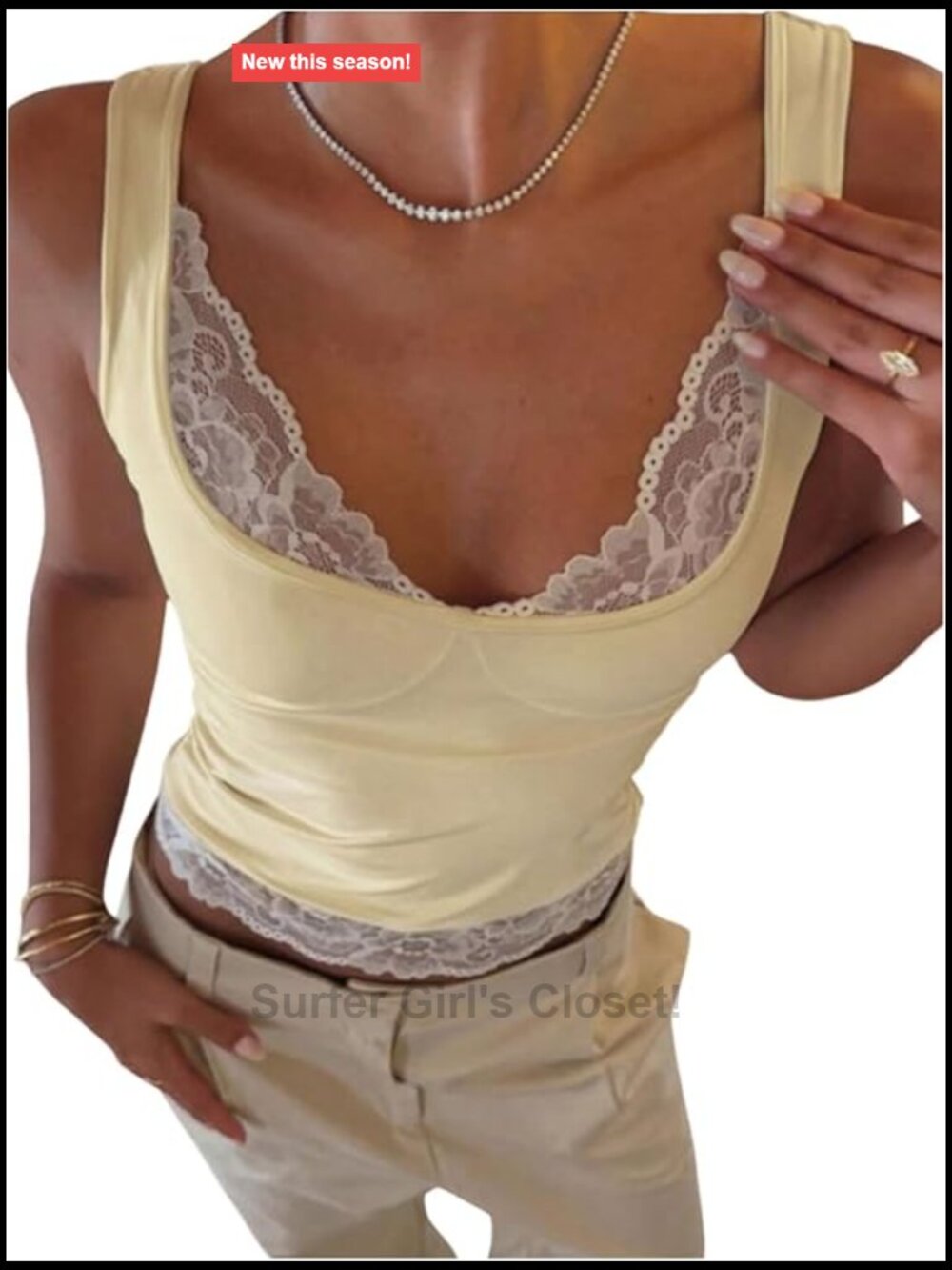 Women's Lace Square Neck Tank Top Ribbed Knit Sleeveless Camisole